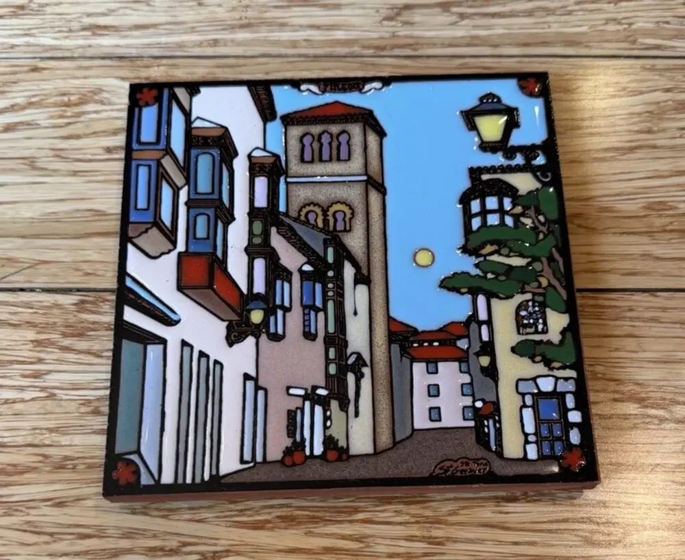 Vtg St. Germier Decorative Ceramic Tile of Toledo Spain Signed 5.75” Hanging